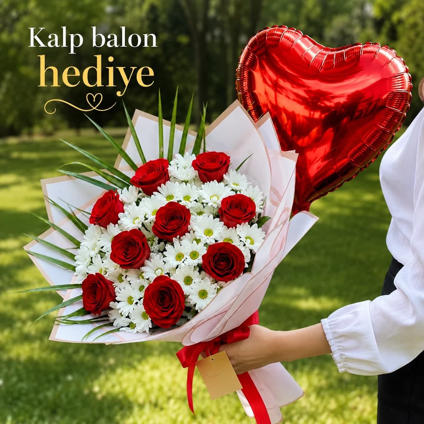 9 Kırmızı Gül ve Papatya Balon Hediyeli