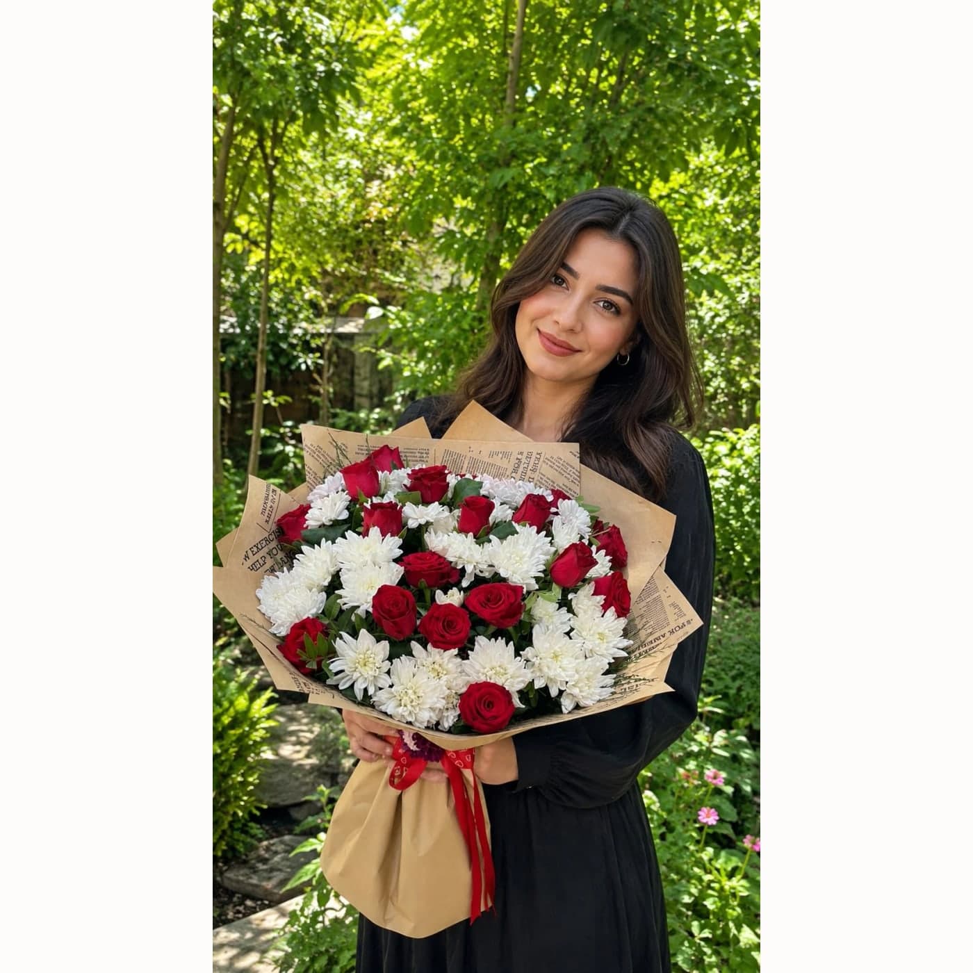 Kırmızı Gül ve Beyaz Krizantem Buketi