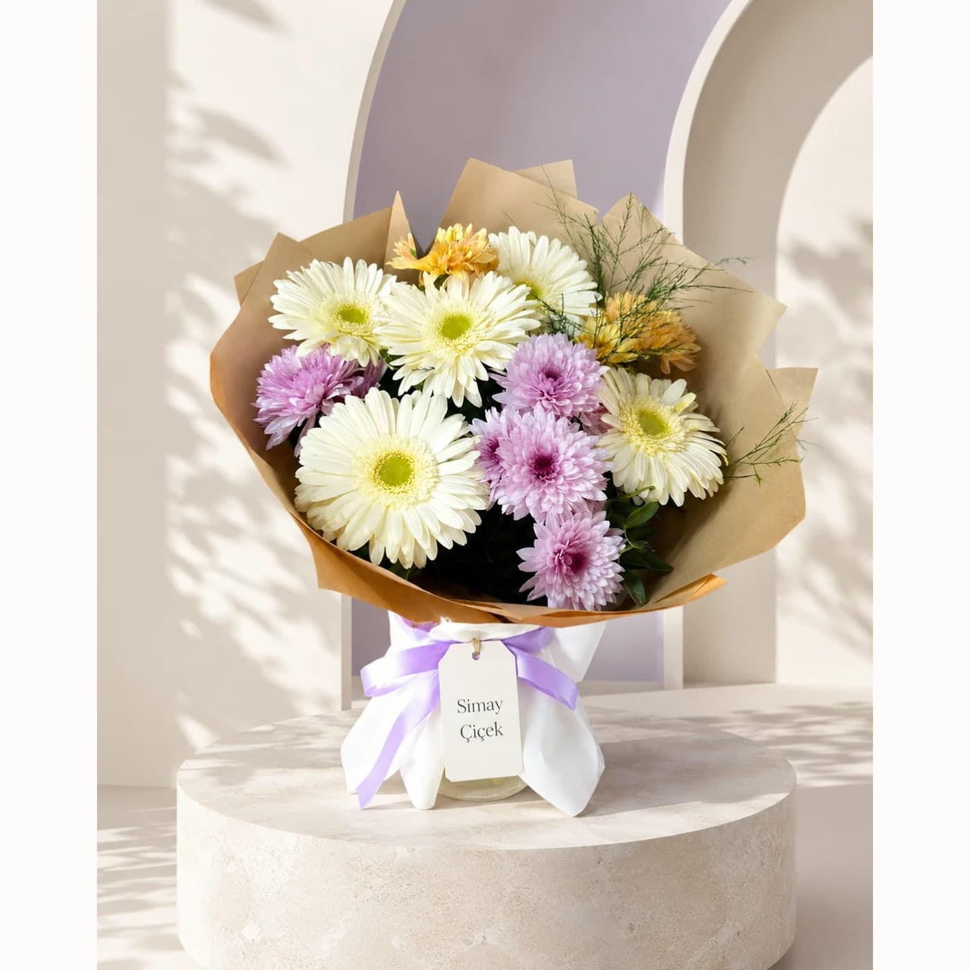Lila Sabah Gerbera ve Krizantem Buketi
