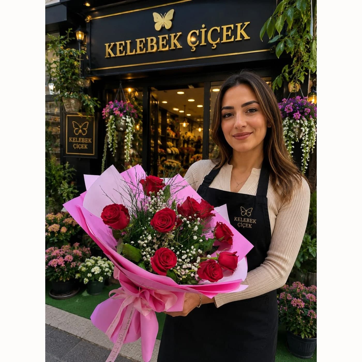 pembe Ambalajda Kırmızı Gül Buketi