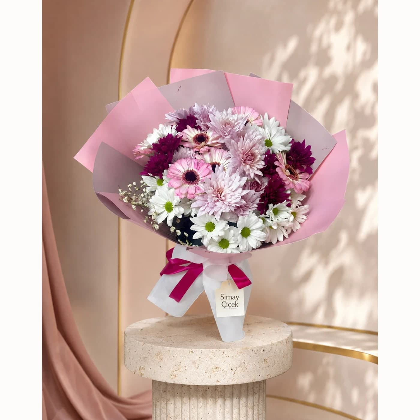 Pembe Harmoni Gerbera ve Krizantem Buketi